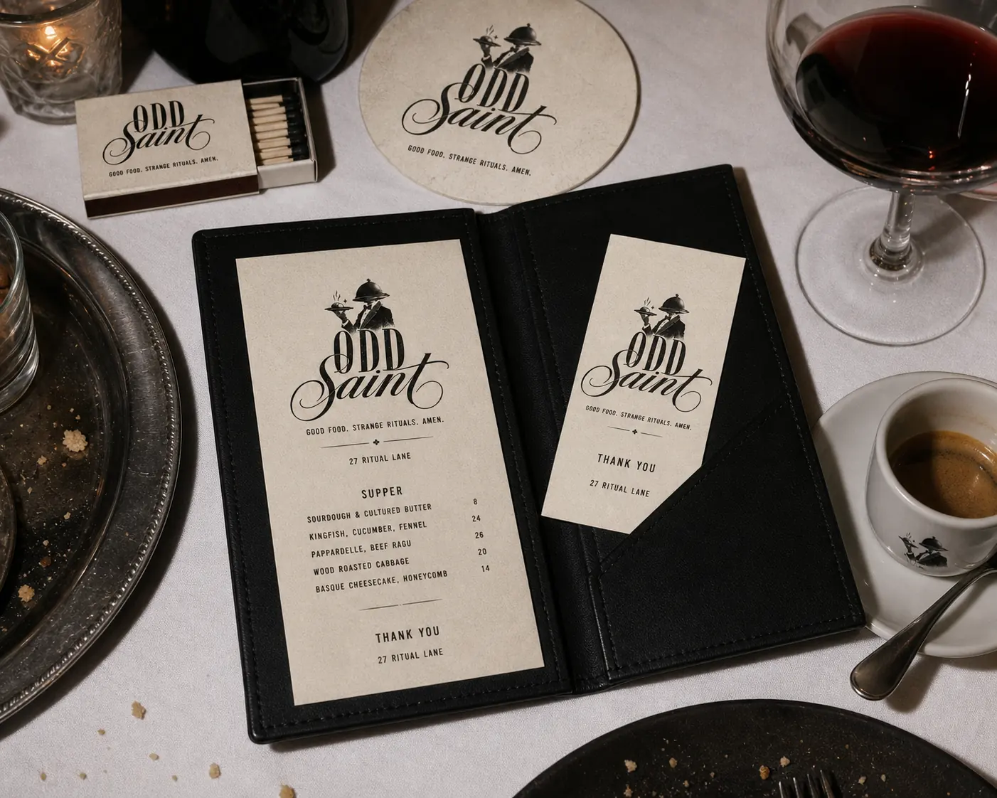 Odd Saint bill presenter and receipt with warm paper identity details