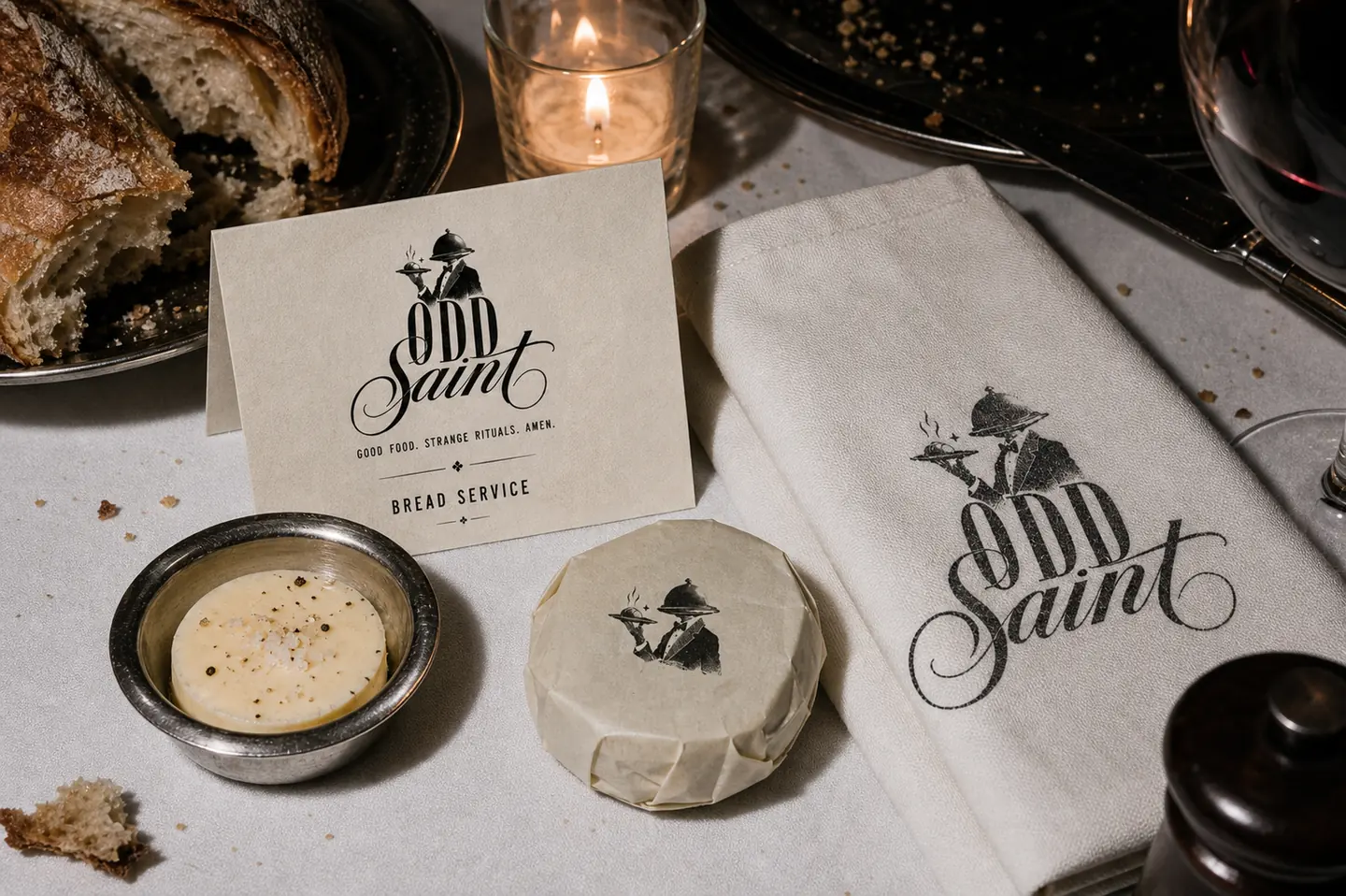 Odd Saint bread service napkin and table detail