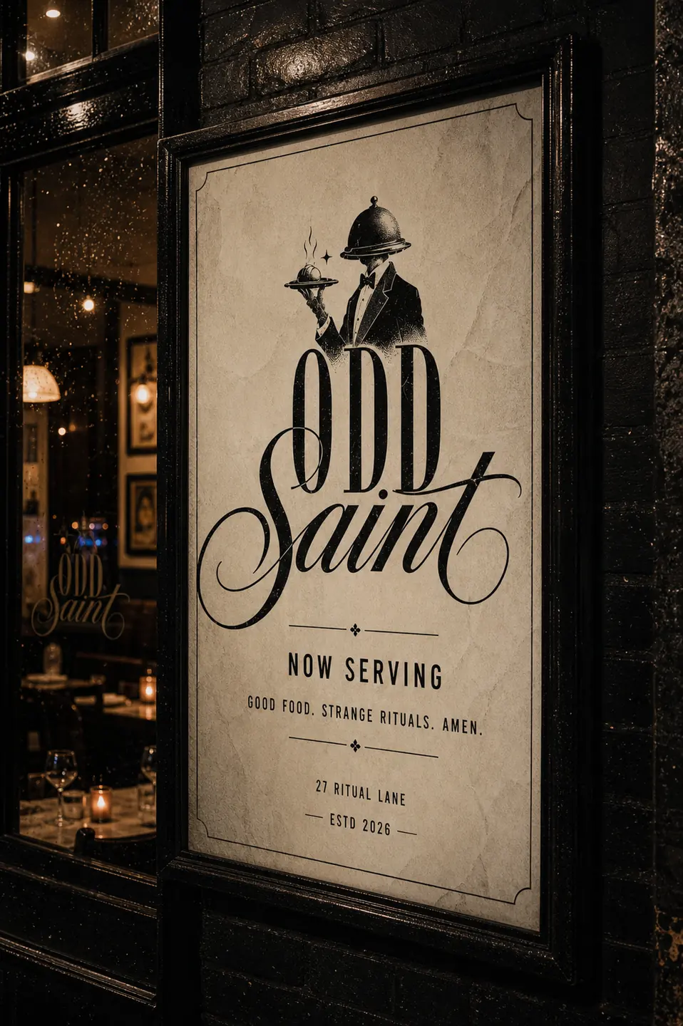 Odd Saint campaign poster placed in a restaurant window
