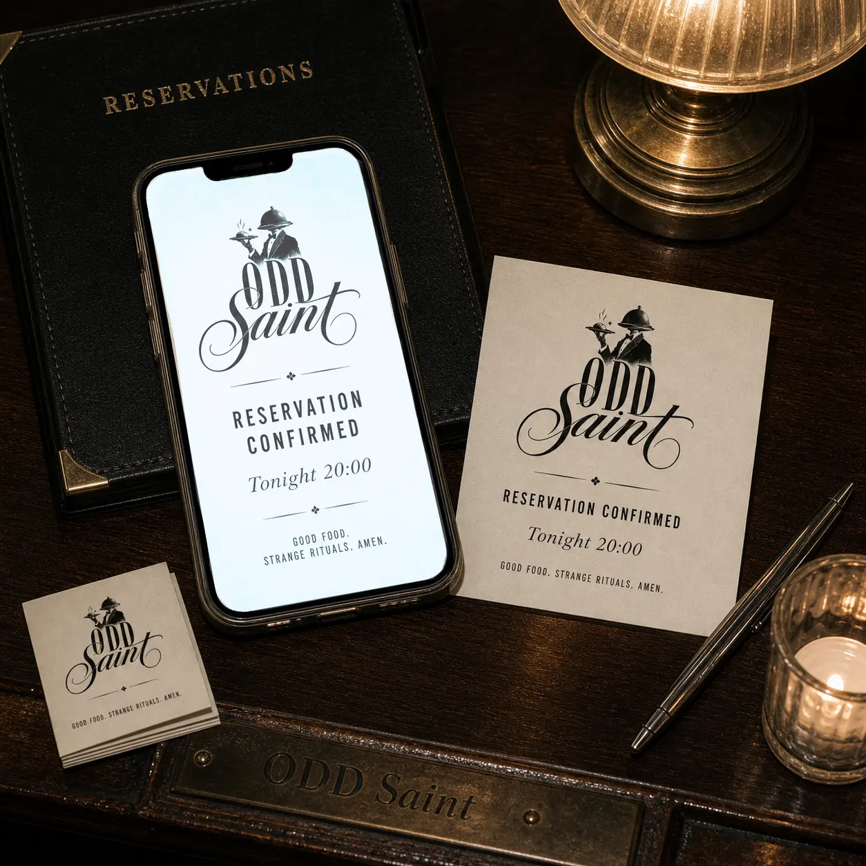 Odd Saint mobile reservation confirmation screen with restaurant identity styling
