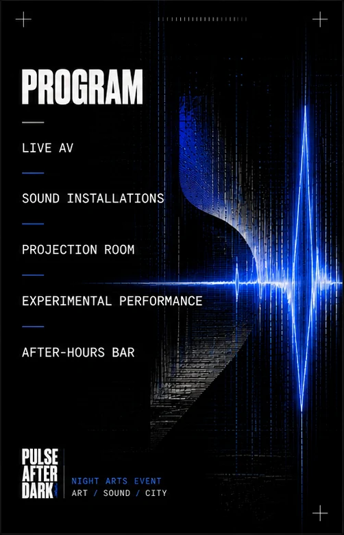 Pulse After Dark program poster listing live AV, sound installations and performances