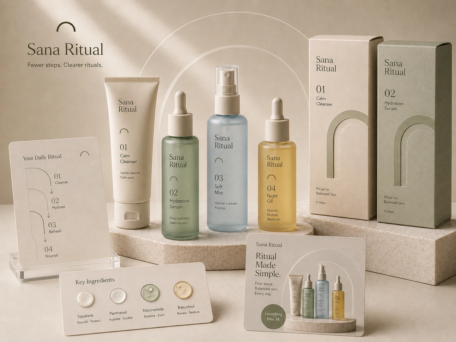 Sana Ritual skincare brand world with product packaging and launch cards