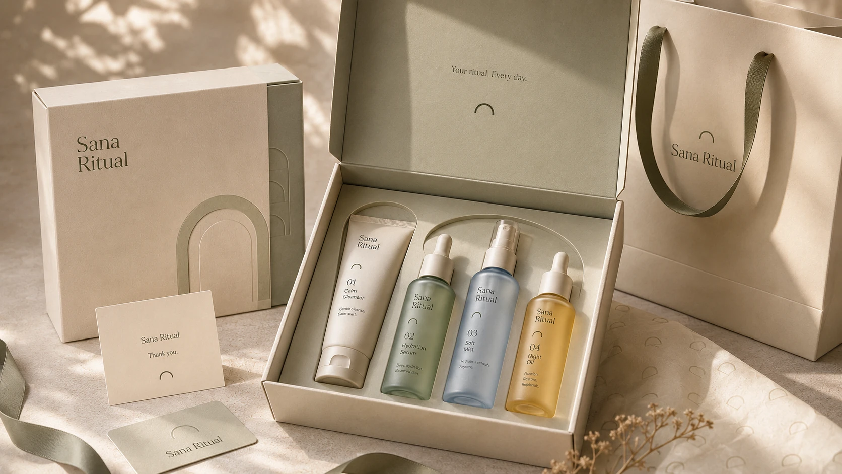 Sana Ritual gift set unboxing scene with product bottles, box, bag and branded inserts