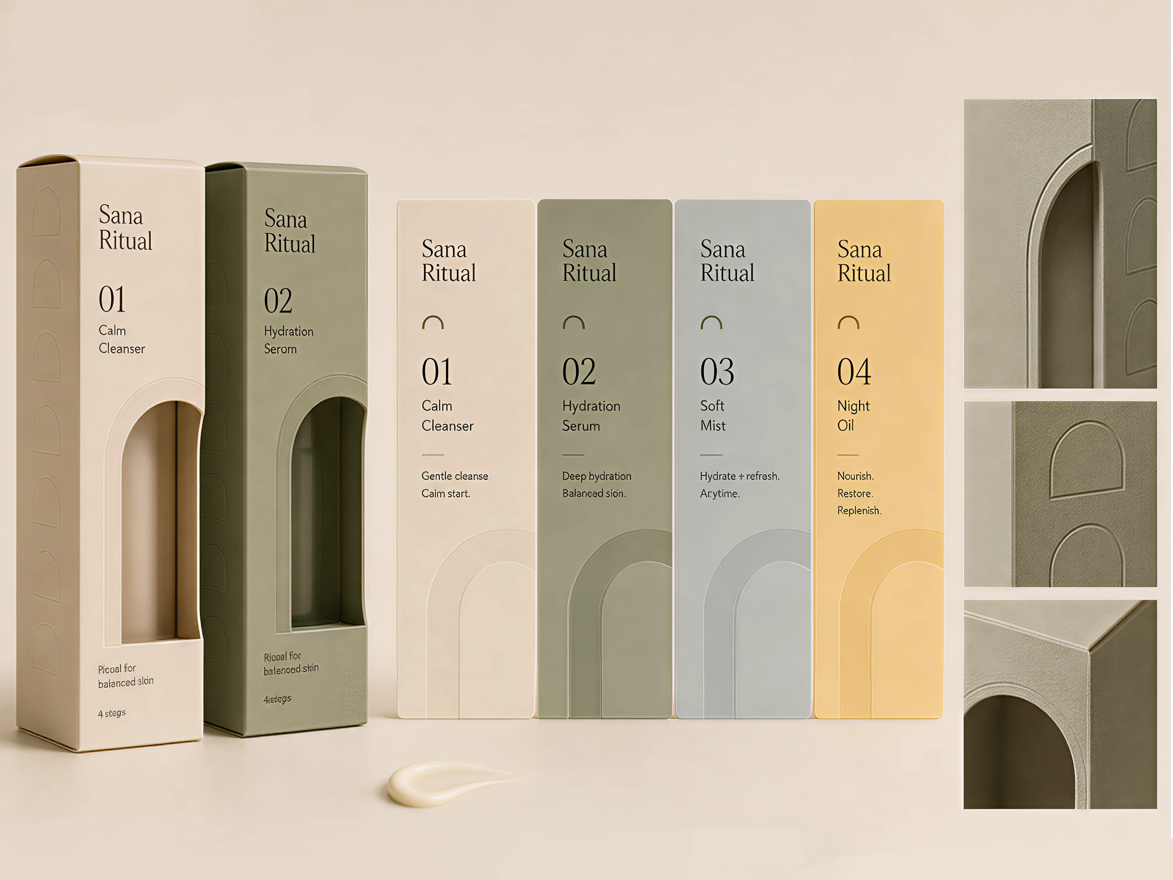 Sana Ritual packaging system with four product boxes and close-up arc details