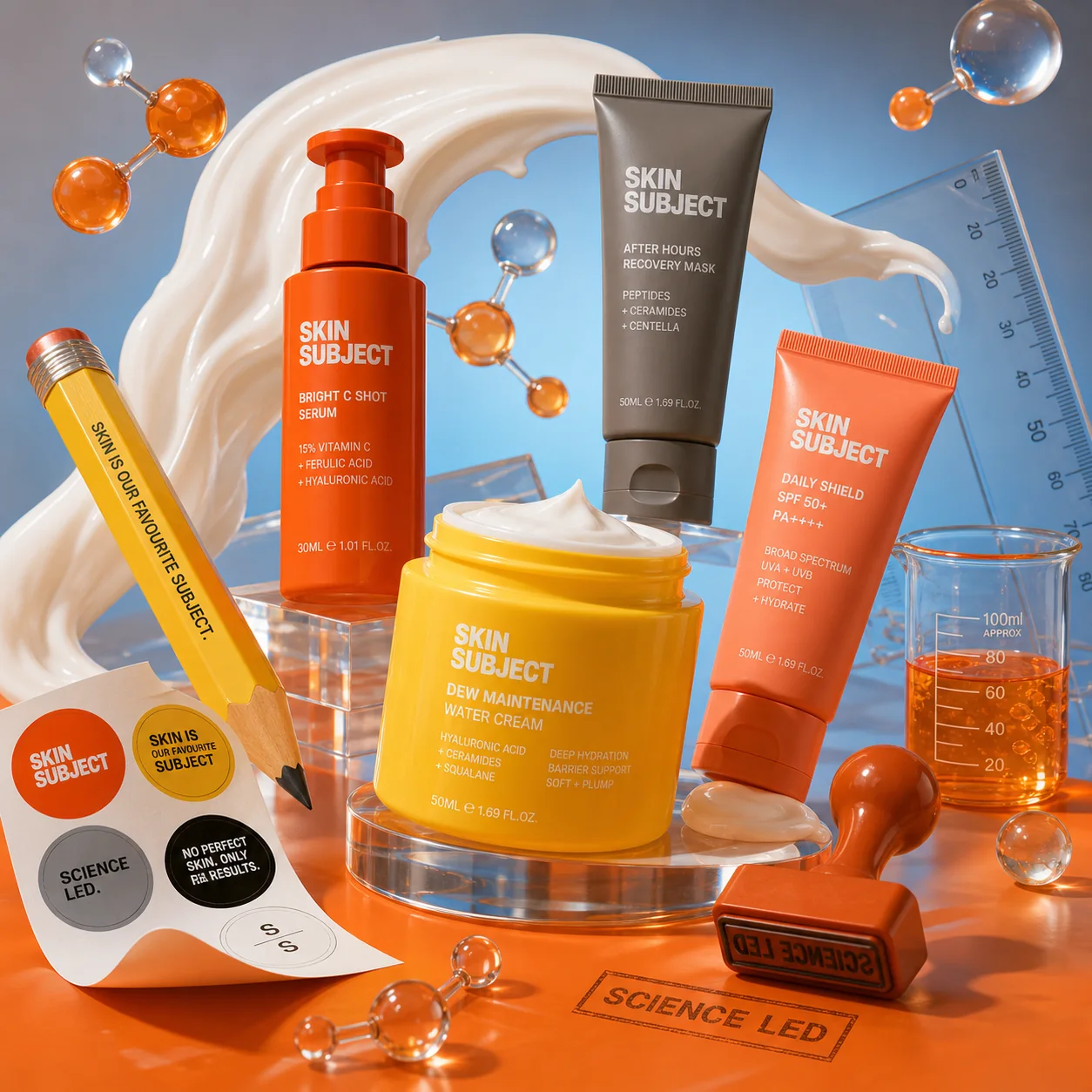 SKIN SUBJECT 3D product world with orange bottle, yellow jar, grey tube, serum glass and blue basin