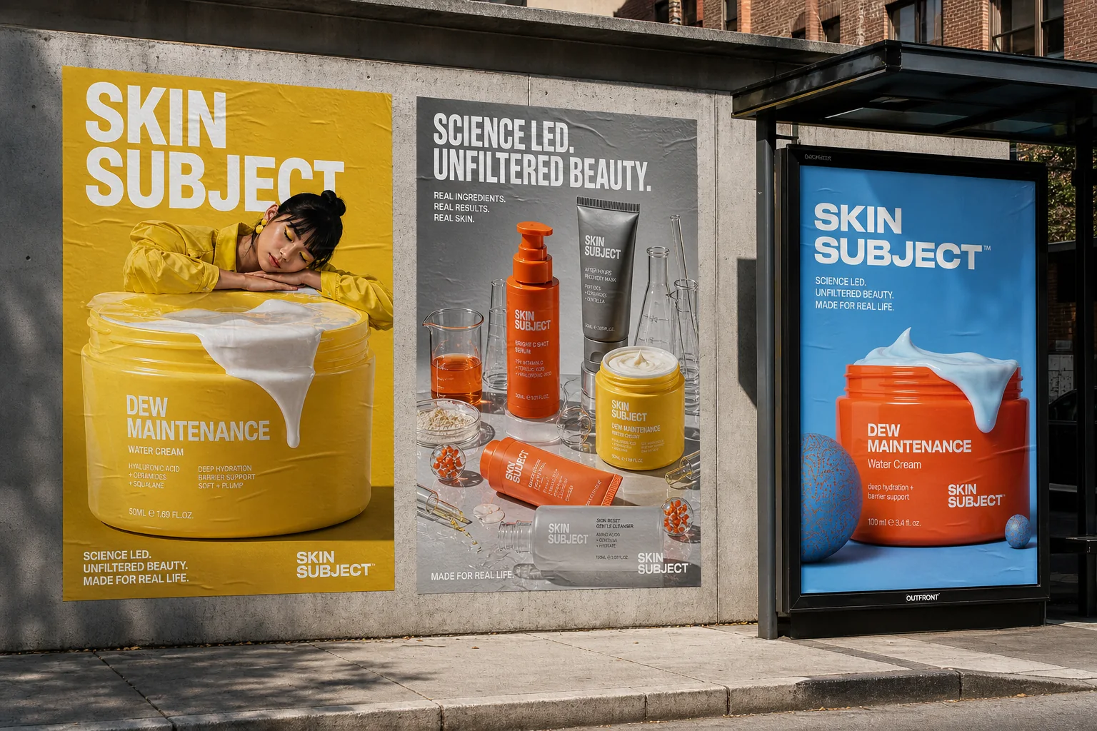 SKIN SUBJECT outdoor ad campaign with yellow, clinical and blue skincare posters on a street wall