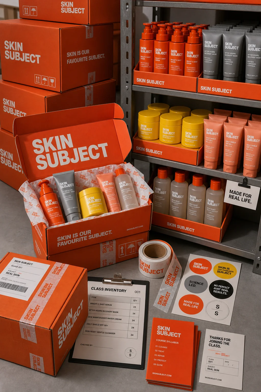 SKIN SUBJECT retail stockroom system with shelves, unboxing kit, cards and skincare products