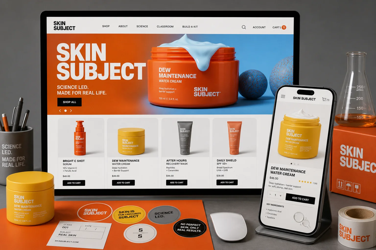 SKIN SUBJECT website and mobile commerce mockup with product listing, hero image and checkout-style interface