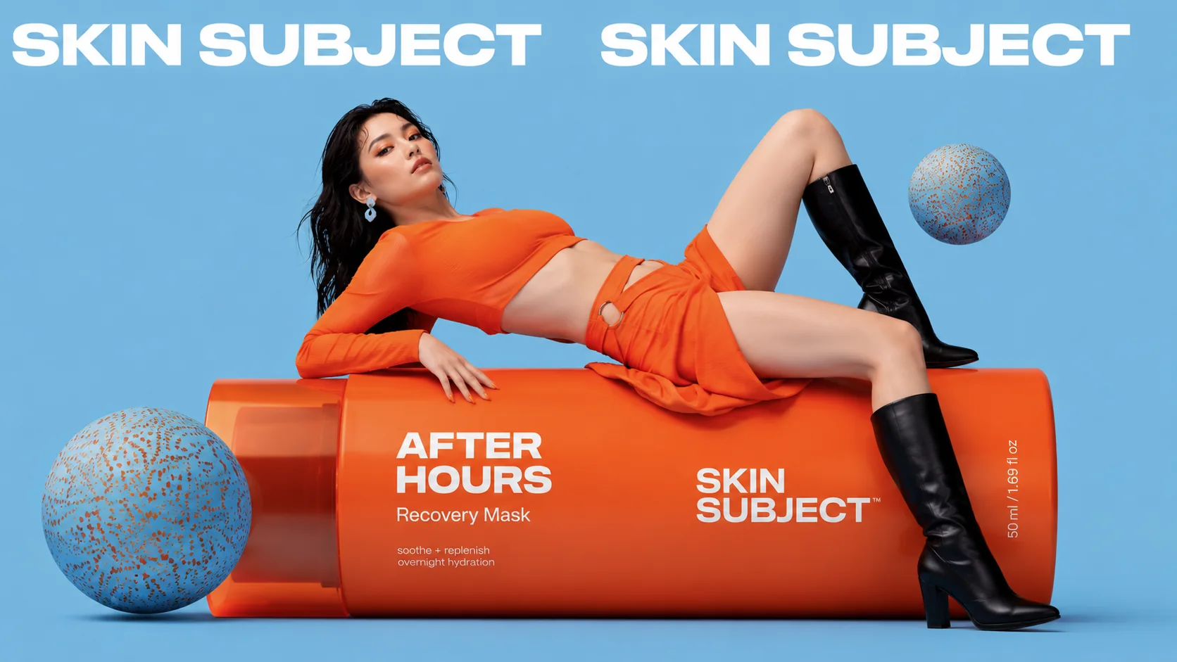 SKIN SUBJECT after hours recovery mask campaign with model, blue sphere and orange product form