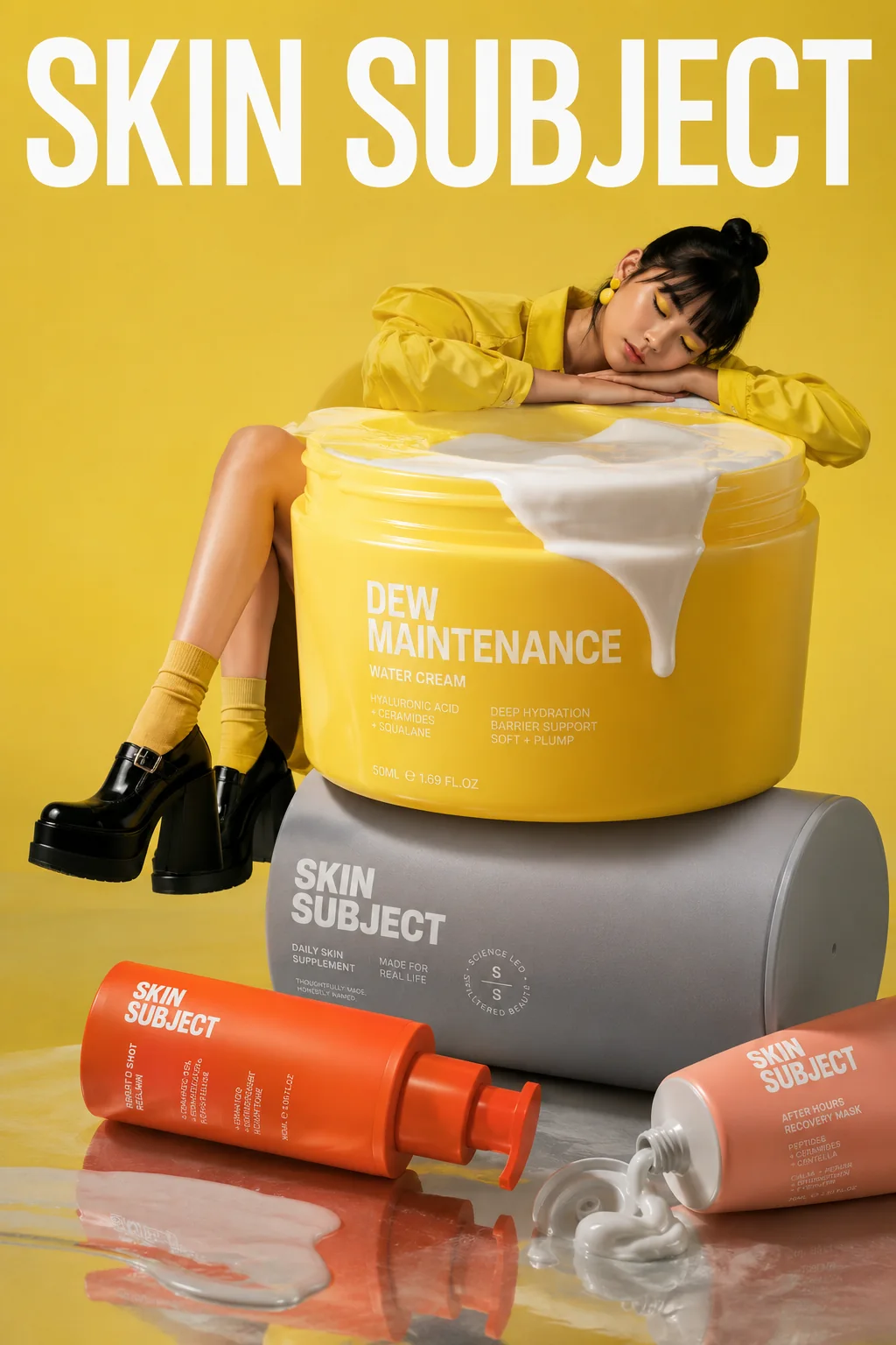 SKIN SUBJECT yellow maintenance portrait campaign with model and skincare products