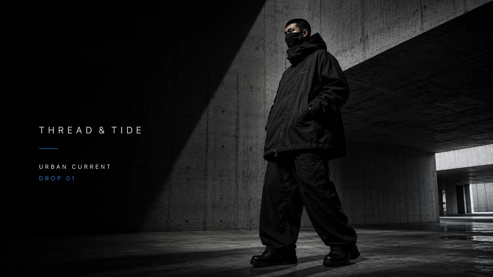 Thread and Tide technical outerwear launch poster with masked model