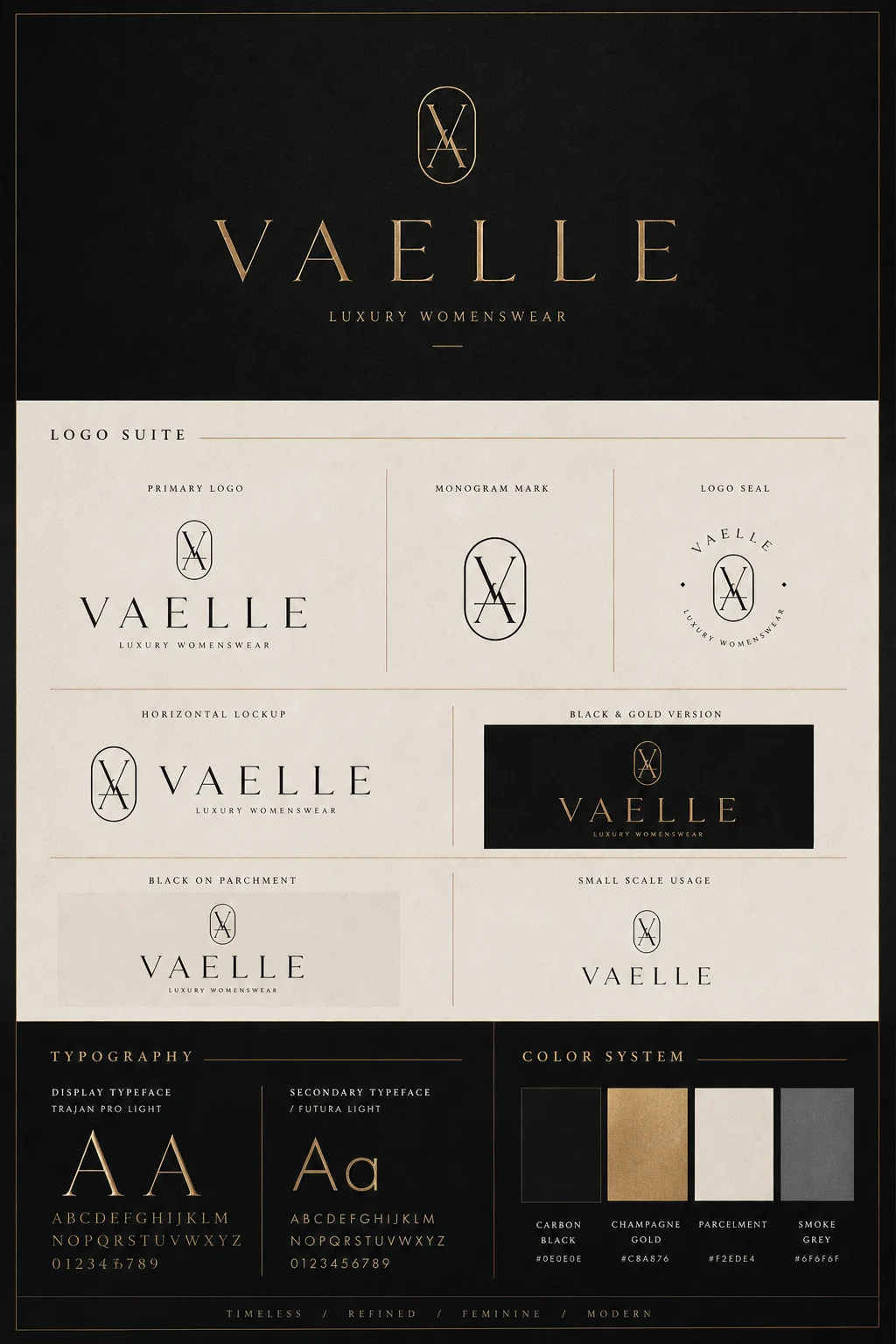 VAELLE logo, typography and color system board