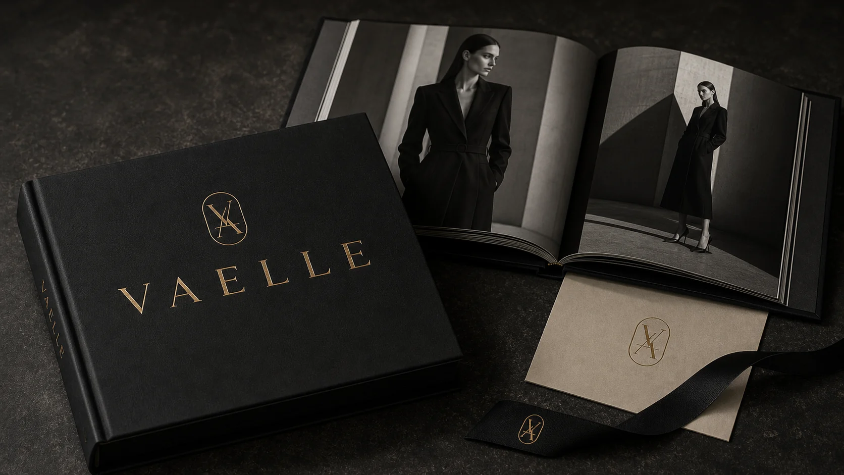 VAELLE lookbook, editorial spread, envelope and ribbon on a dark surface