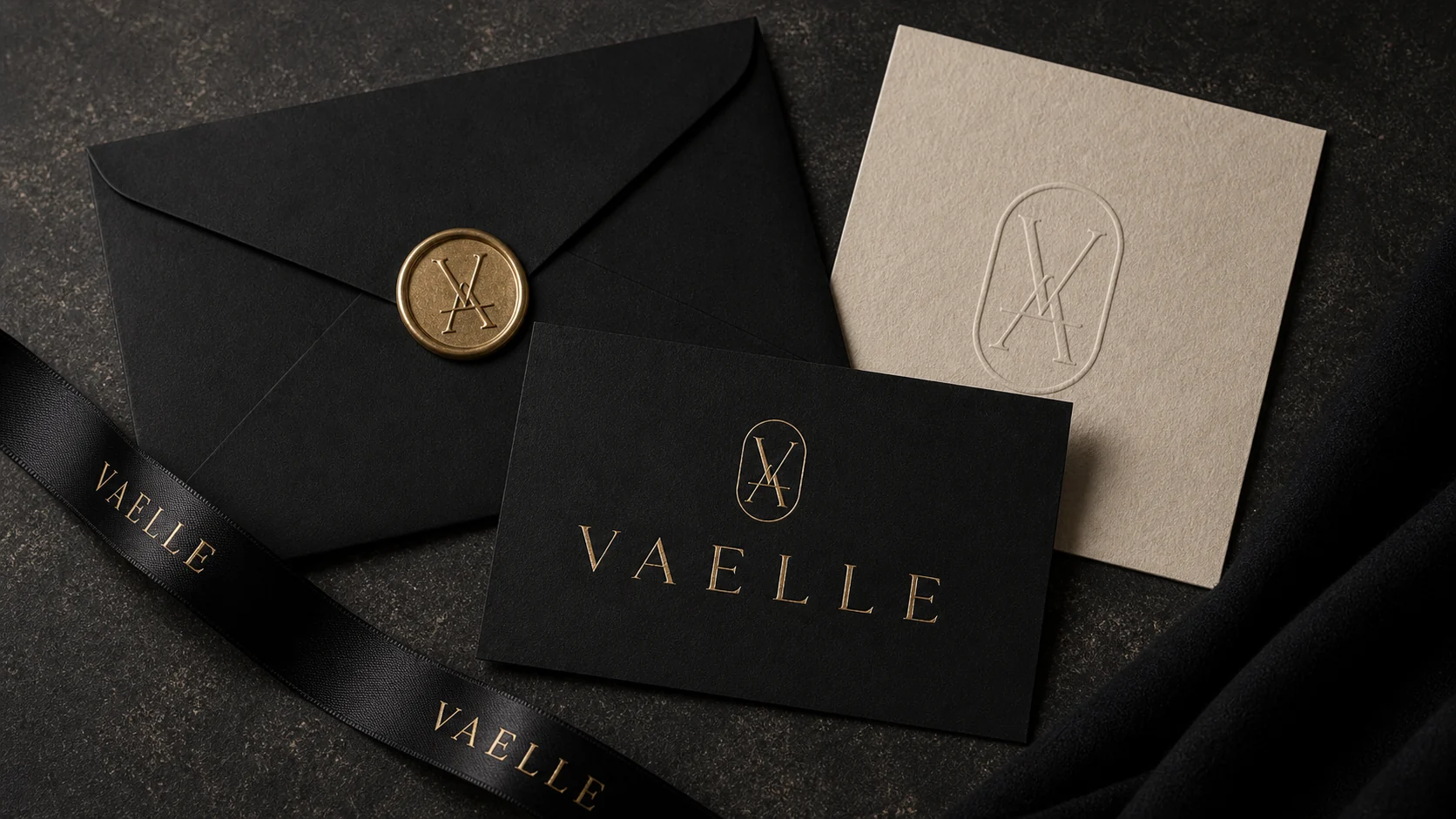 VAELLE stationery, envelope, black card and ribbon flatlay