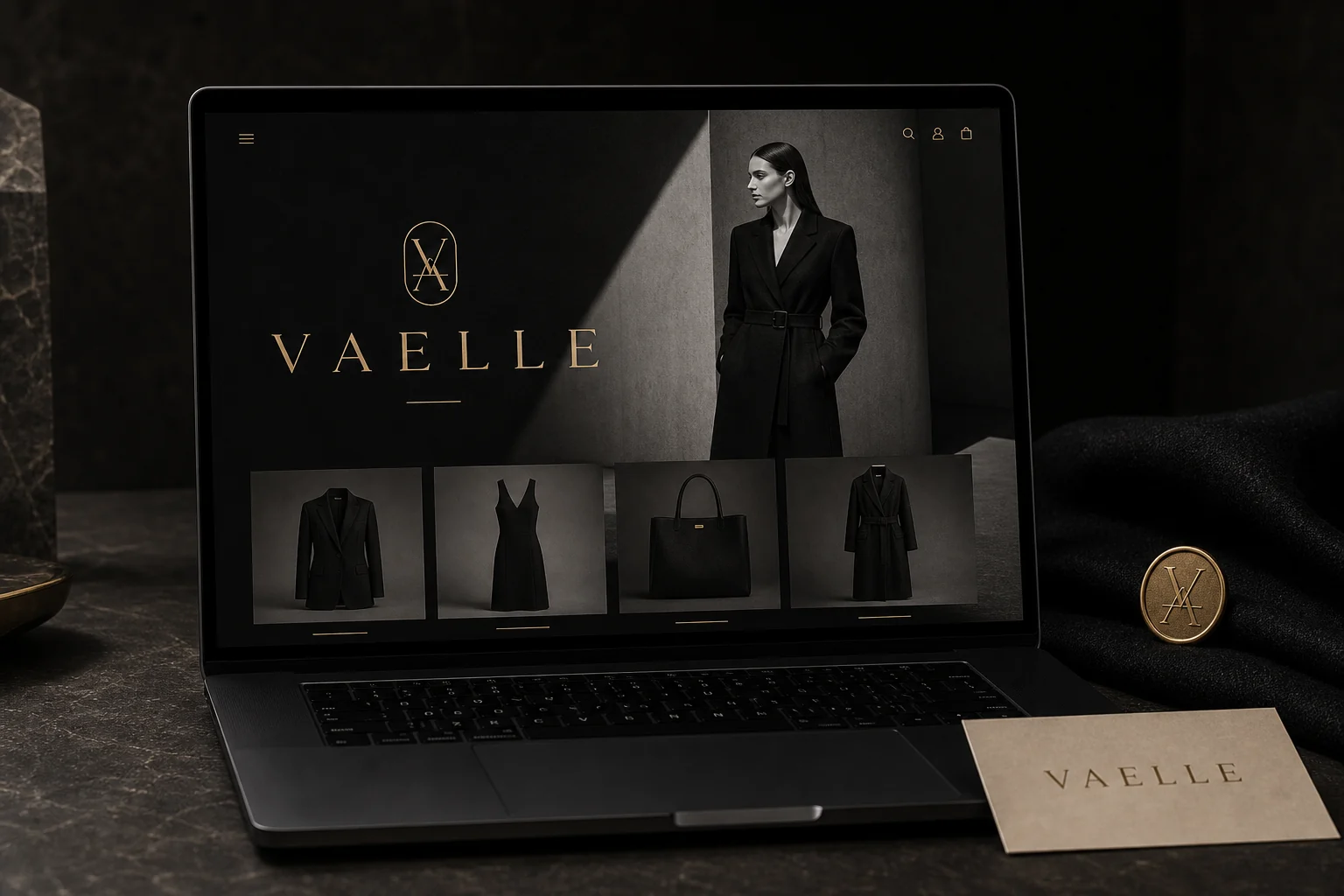 VAELLE website homepage mockup on a laptop with product cards