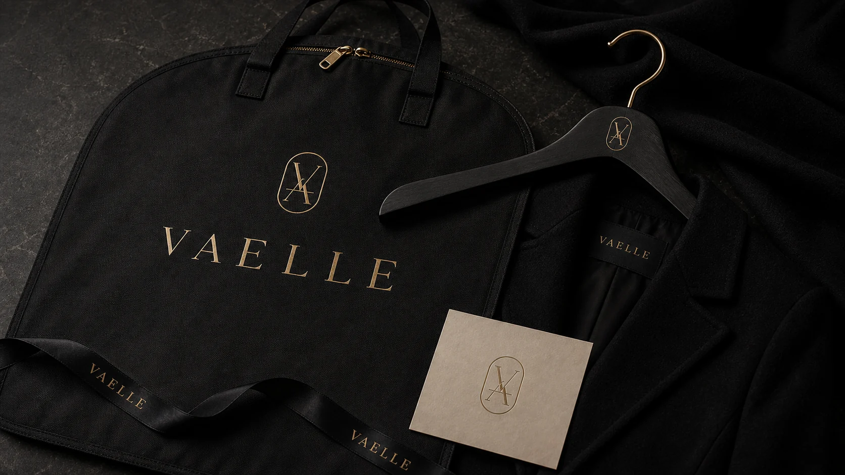 VAELLE black garment bag, dustcover, hanger and tag system